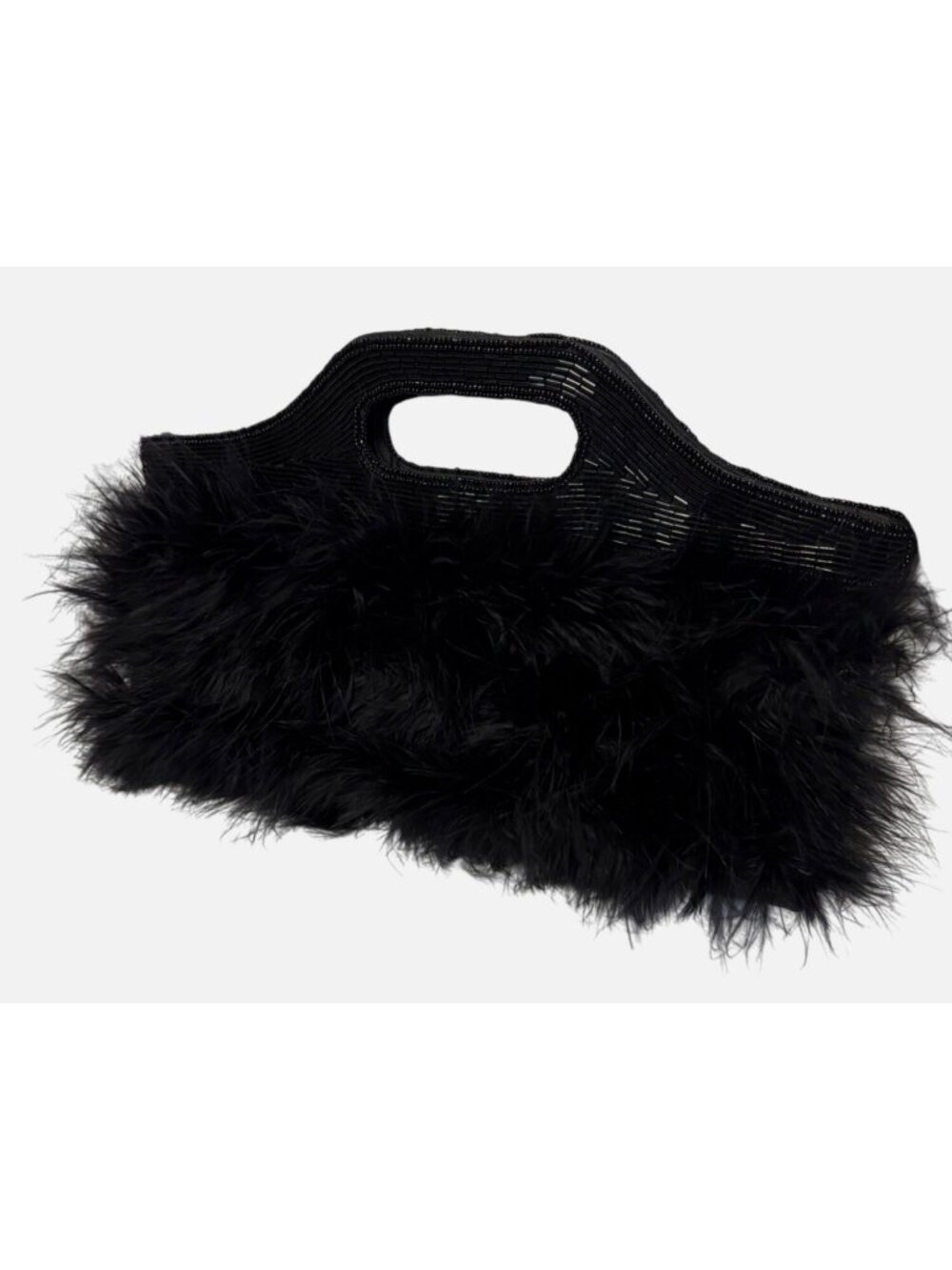 Black Faux Fur Beaded Handle Evening Clutch Bag By Ermo